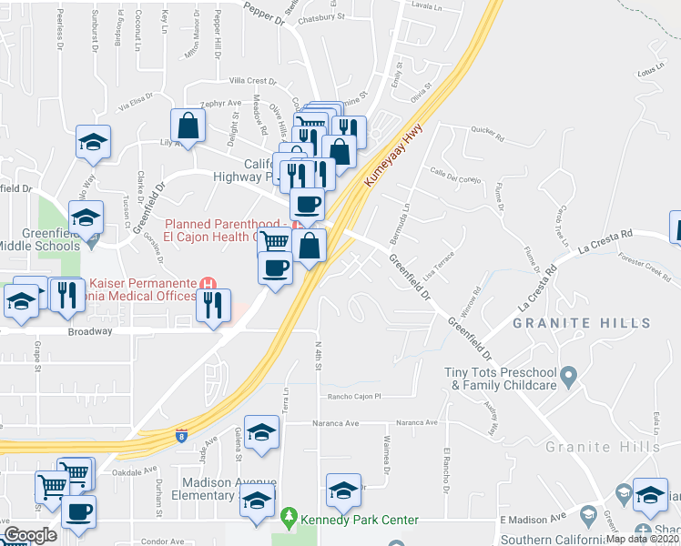 map of restaurants, bars, coffee shops, grocery stores, and more near 1710 Broadway in El Cajon