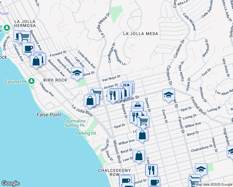 map of restaurants, bars, coffee shops, grocery stores, and more near 873 Agate Street in San Diego