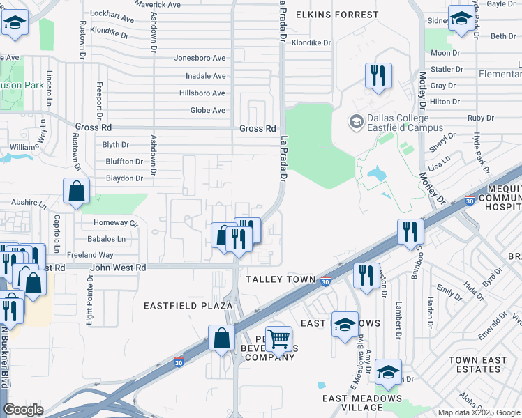 map of restaurants, bars, coffee shops, grocery stores, and more near 8451 Deansgate Lane in Dallas