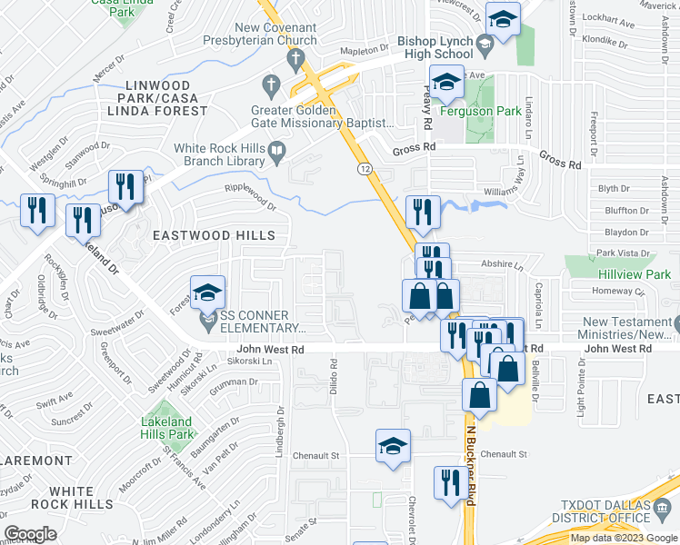 map of restaurants, bars, coffee shops, grocery stores, and more near 2900 Dilido Road in Dallas