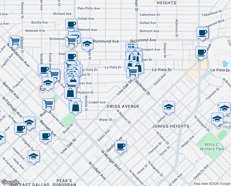 map of restaurants, bars, coffee shops, grocery stores, and more near 5619 Live Oak Street in Dallas