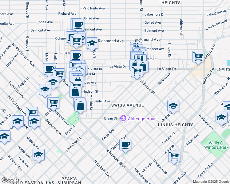 map of restaurants, bars, coffee shops, grocery stores, and more near 5619 Live Oak Street in Dallas