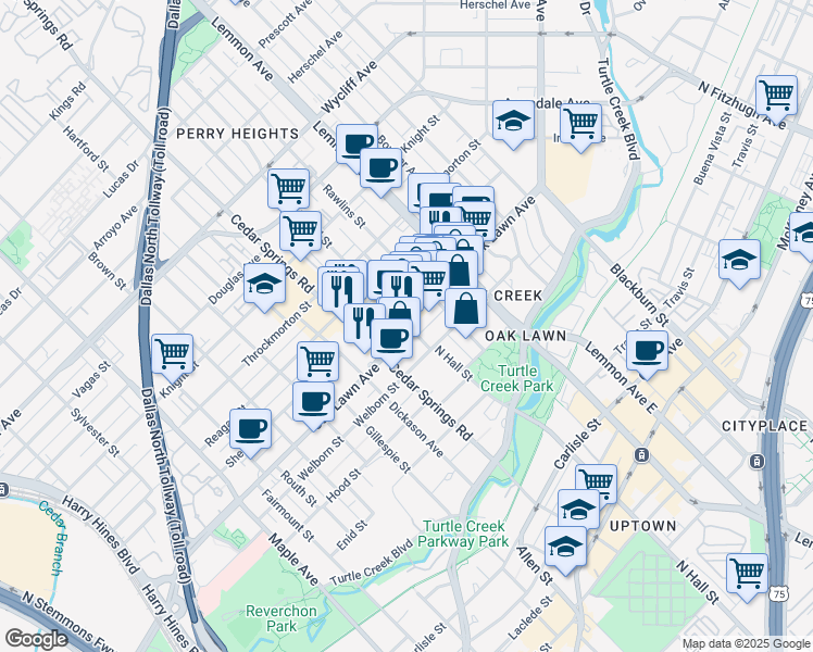 map of restaurants, bars, coffee shops, grocery stores, and more near 3301 Welborn Street in Dallas