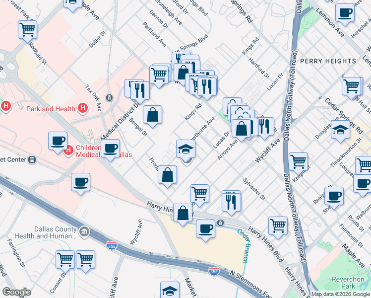map of restaurants, bars, coffee shops, grocery stores, and more near 4527 Afton Street in Dallas