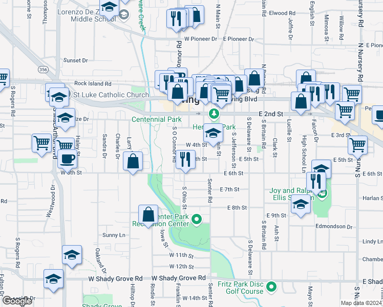 map of restaurants, bars, coffee shops, grocery stores, and more near 212 West 5th Street in Irving