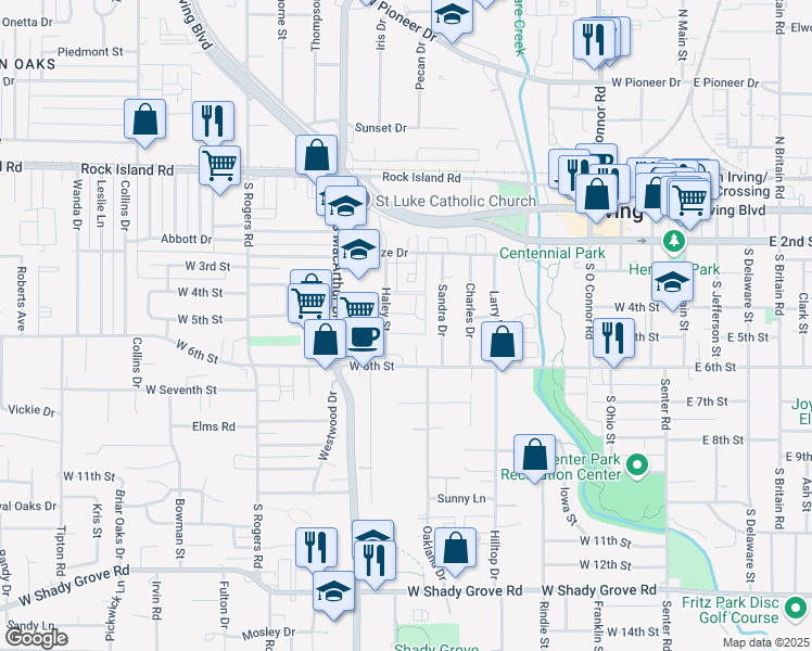 map of restaurants, bars, coffee shops, grocery stores, and more near 501 Marshall Court in Irving