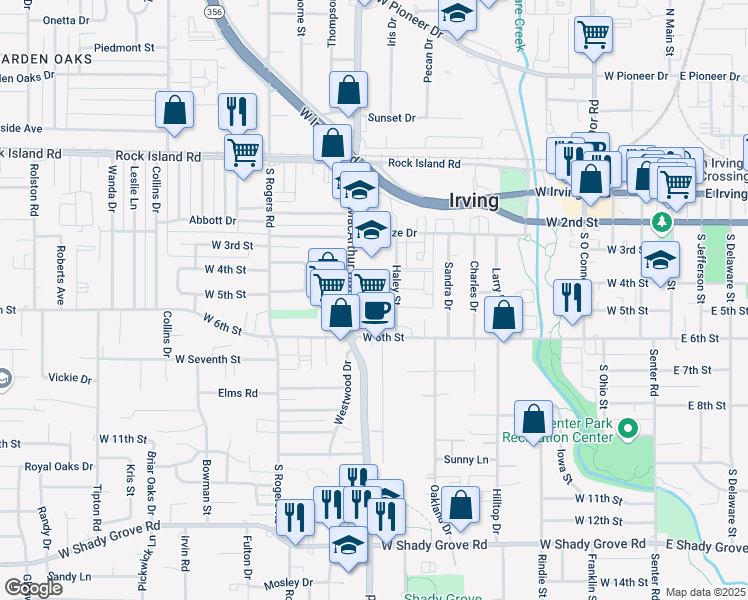 map of restaurants, bars, coffee shops, grocery stores, and more near 1003 West 6th Street in Irving