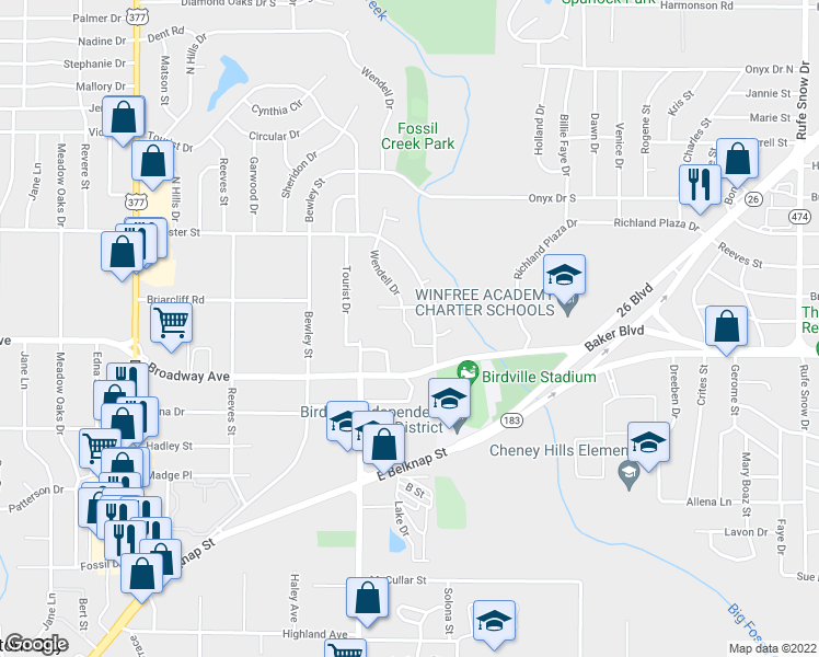 map of restaurants, bars, coffee shops, grocery stores, and more near 6117 Broadway Avenue in Haltom City