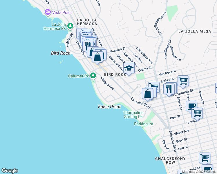 map of restaurants, bars, coffee shops, grocery stores, and more near 5366 Chelsea Street in San Diego