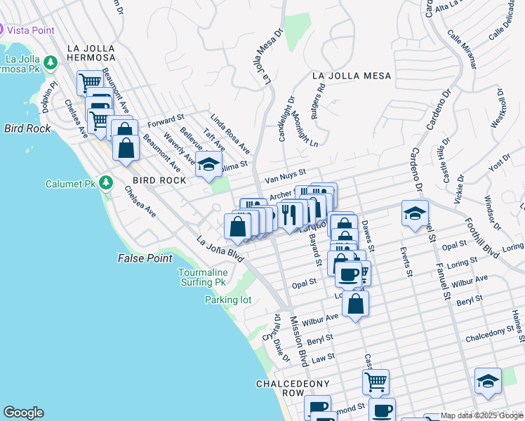 map of restaurants, bars, coffee shops, grocery stores, and more near 5274 La Jolla Mesa Drive in San Diego