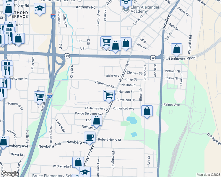 map of restaurants, bars, coffee shops, grocery stores, and more near 2827 Houston Avenue in Macon