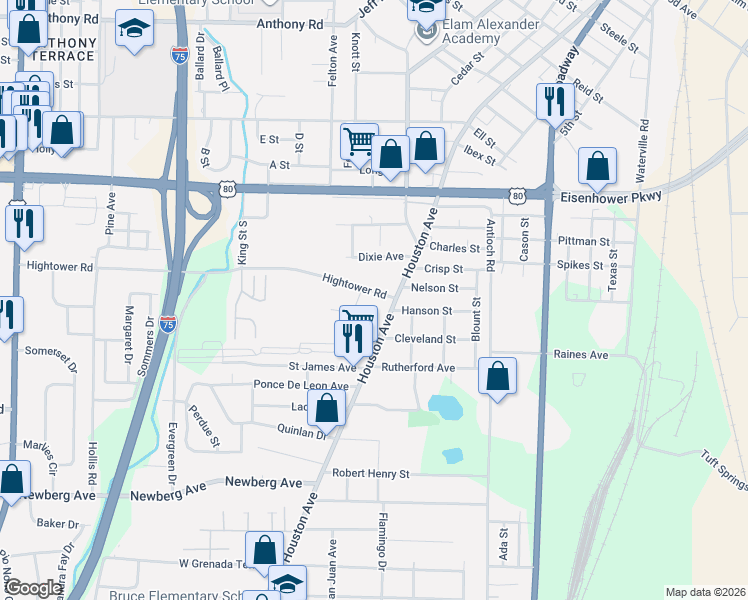 map of restaurants, bars, coffee shops, grocery stores, and more near 2827 Houston Avenue in Macon