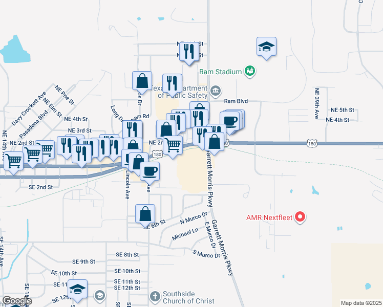 map of restaurants, bars, coffee shops, grocery stores, and more near 120 Garrett Morris Parkway in Mineral Wells