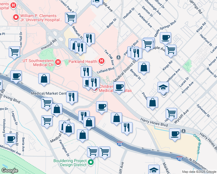 map of restaurants, bars, coffee shops, grocery stores, and more near Harry Hines Blvd & Medical District Dr in Dallas