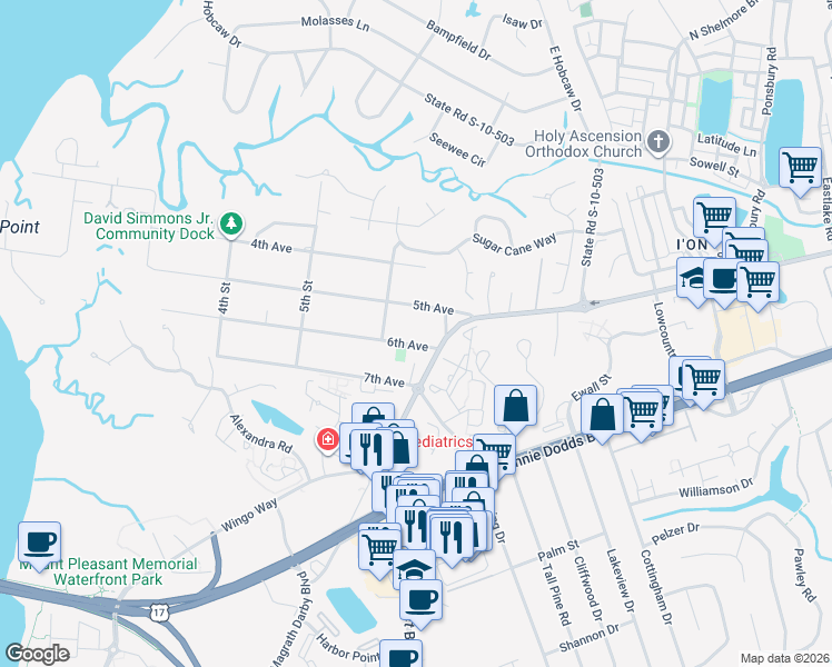 map of restaurants, bars, coffee shops, grocery stores, and more near 362 6th Avenue in Mount Pleasant
