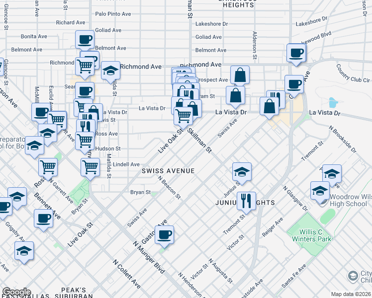 map of restaurants, bars, coffee shops, grocery stores, and more near 5707 Swiss Avenue in Dallas