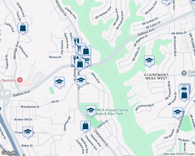 map of restaurants, bars, coffee shops, grocery stores, and more near 3833 Tomahawk Lane in San Diego