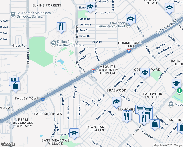 map of restaurants, bars, coffee shops, grocery stores, and more near 0 Interstate 30 Frontage Road in Mesquite