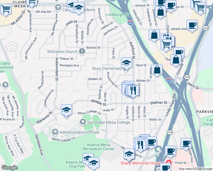map of restaurants, bars, coffee shops, grocery stores, and more near 3653 Ben Street in San Diego