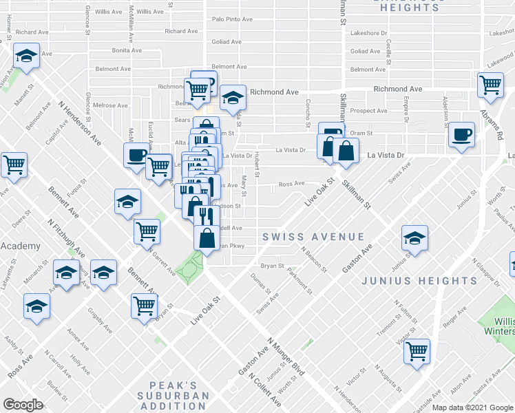 map of restaurants, bars, coffee shops, grocery stores, and more near Hudson St & Hubert St in Dallas