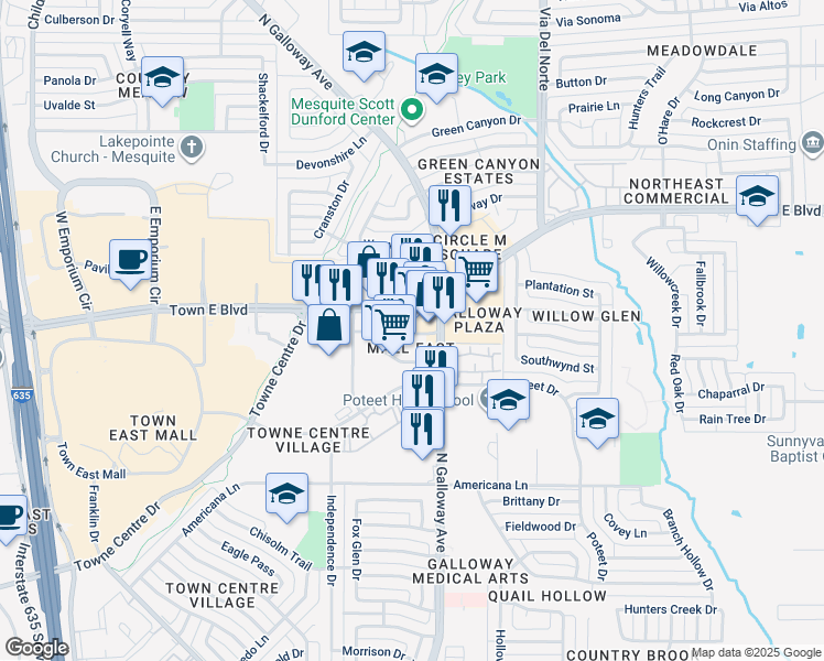 map of restaurants, bars, coffee shops, grocery stores, and more near 1220 North Town East Boulevard in Mesquite