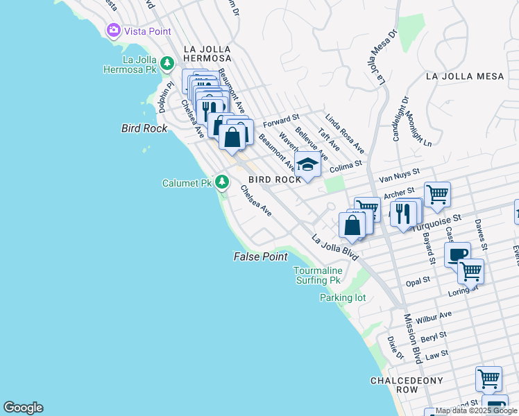 map of restaurants, bars, coffee shops, grocery stores, and more near 5366 Chelsea Street in San Diego