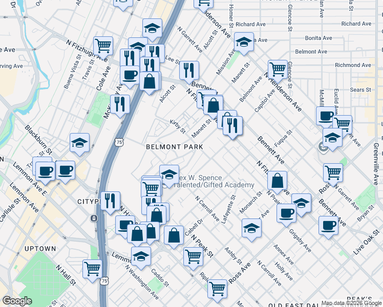 map of restaurants, bars, coffee shops, grocery stores, and more near 4535 Weldon Street in Dallas
