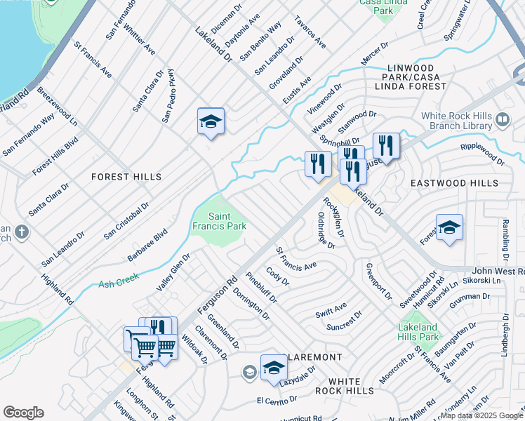 map of restaurants, bars, coffee shops, grocery stores, and more near Longwood Lane in Dallas
