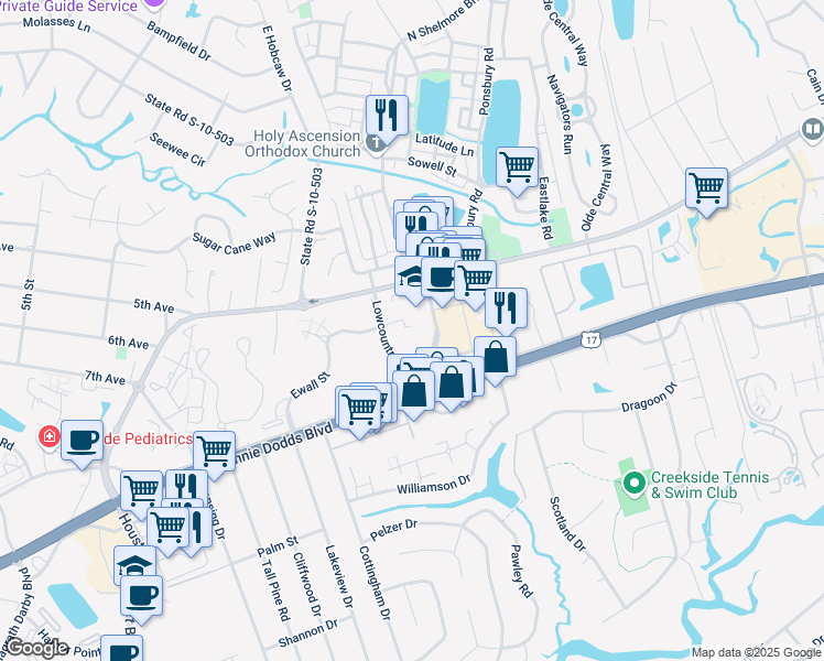 map of restaurants, bars, coffee shops, grocery stores, and more near 880 Lowcountry Boulevard in Mount Pleasant