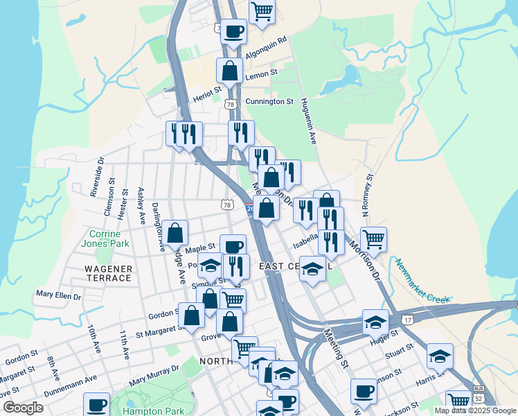 map of restaurants, bars, coffee shops, grocery stores, and more near 120 Brigade Street in Charleston