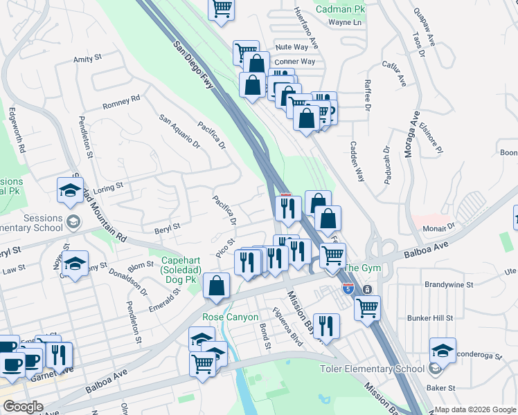 map of restaurants, bars, coffee shops, grocery stores, and more near 4829 Bella Pacific Row in San Diego