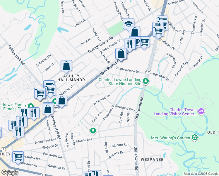 map of restaurants, bars, coffee shops, grocery stores, and more near 1343 Trailmore Drive in Charleston
