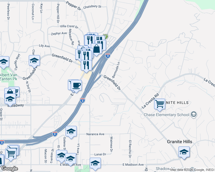 map of restaurants, bars, coffee shops, grocery stores, and more near 1113 Via Loma Vista in El Cajon