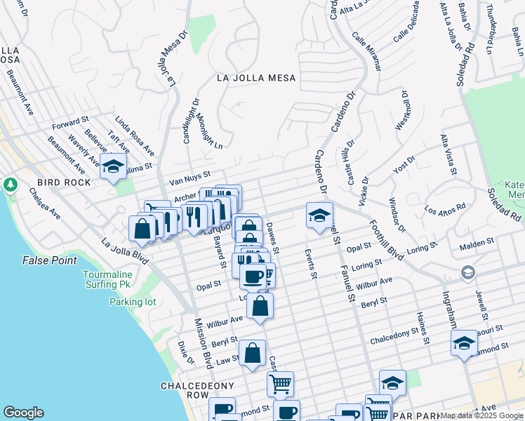 map of restaurants, bars, coffee shops, grocery stores, and more near 1103 Turquoise Street in San Diego