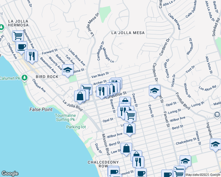 map of restaurants, bars, coffee shops, grocery stores, and more near 954 Turquoise Street in San Diego