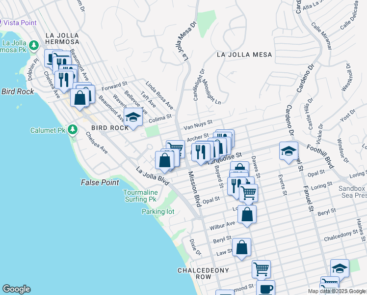 map of restaurants, bars, coffee shops, grocery stores, and more near 5245 La Jolla Mesa Drive in San Diego
