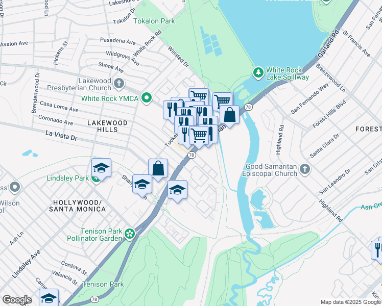 map of restaurants, bars, coffee shops, grocery stores, and more near 7446 East Grand Avenue in Dallas
