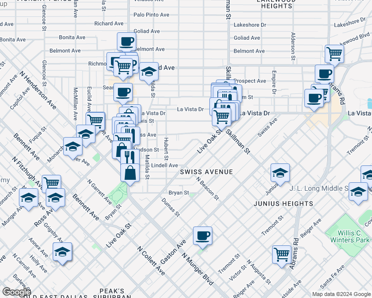 map of restaurants, bars, coffee shops, grocery stores, and more near 5619 Live Oak Street in Dallas