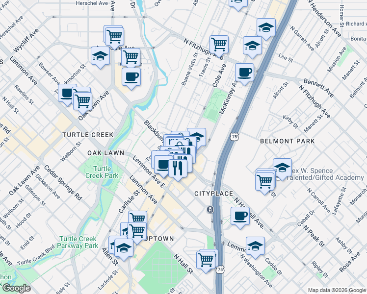 map of restaurants, bars, coffee shops, grocery stores, and more near 3699 McKinney Avenue in Dallas