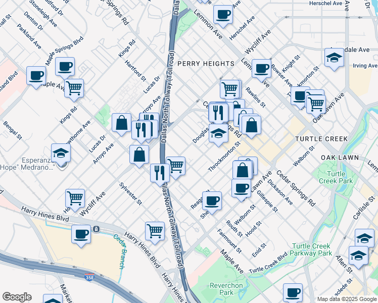 map of restaurants, bars, coffee shops, grocery stores, and more near 4275 Boyer Place in Dallas