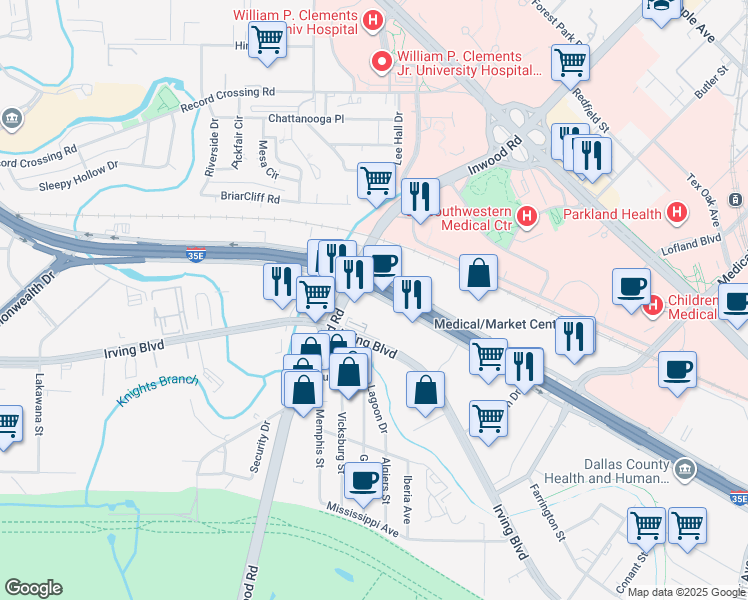 map of restaurants, bars, coffee shops, grocery stores, and more near 2777 North Stemmons Freeway in Dallas