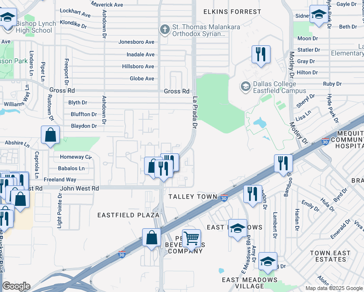 map of restaurants, bars, coffee shops, grocery stores, and more near 2800 John West Road in Dallas