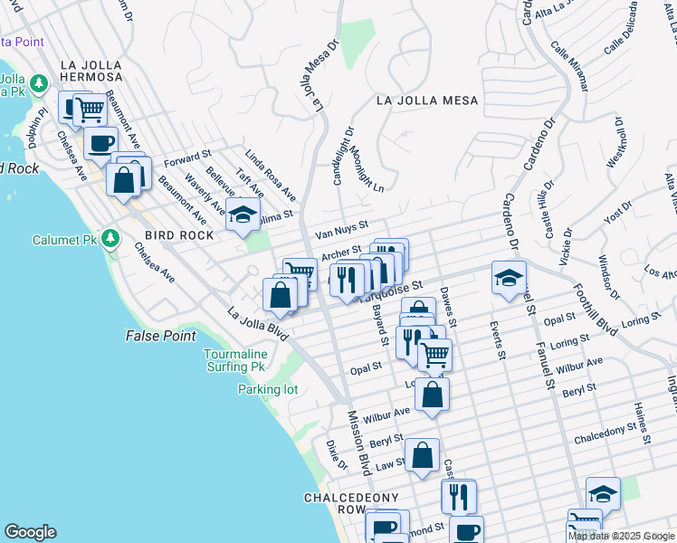 map of restaurants, bars, coffee shops, grocery stores, and more near 856 Agate Street in San Diego
