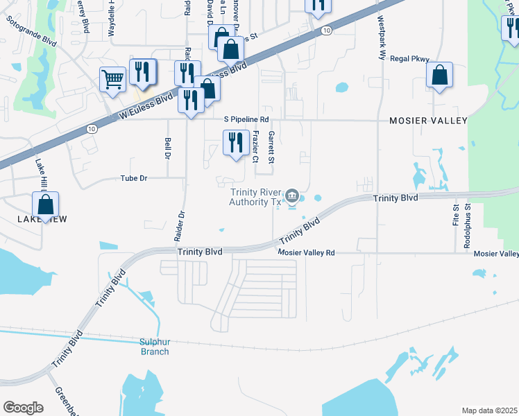 map of restaurants, bars, coffee shops, grocery stores, and more near 11201 Trinity Boulevard in Euless