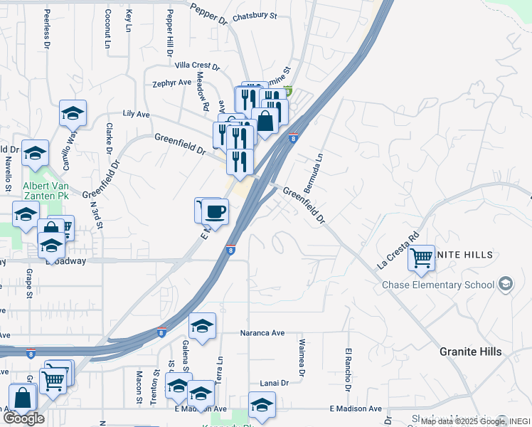 map of restaurants, bars, coffee shops, grocery stores, and more near 1122 Via Loma Vista in El Cajon