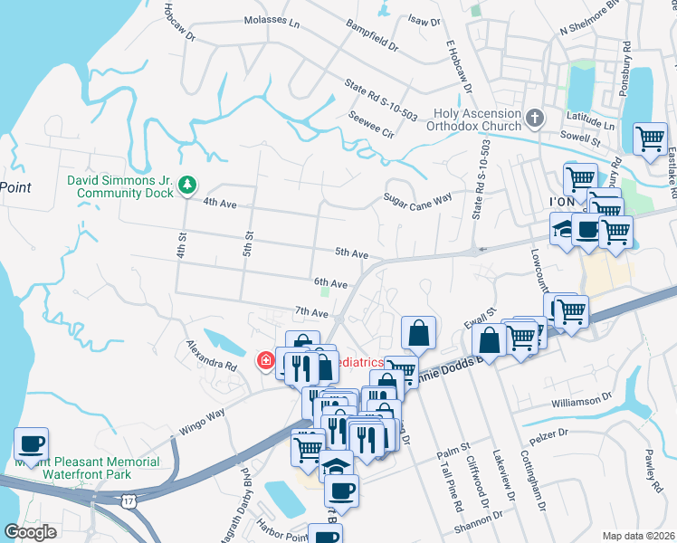 map of restaurants, bars, coffee shops, grocery stores, and more near 362 6th Avenue in Mount Pleasant