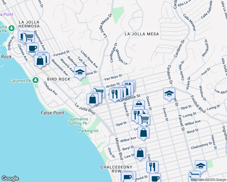 map of restaurants, bars, coffee shops, grocery stores, and more near 873 Agate Street in San Diego