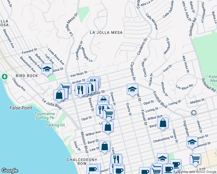 map of restaurants, bars, coffee shops, grocery stores, and more near 5220 Dawes Street in San Diego