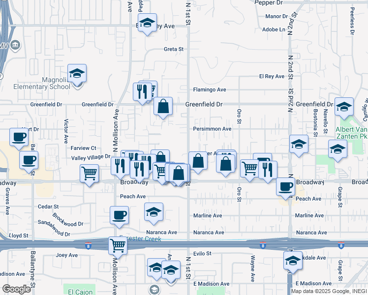 map of restaurants, bars, coffee shops, grocery stores, and more near 1214-16 North 1st Street in El Cajon