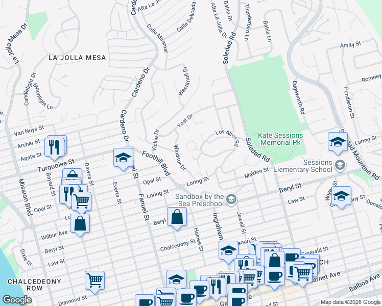 map of restaurants, bars, coffee shops, grocery stores, and more near 5114 Gordon Lane in San Diego